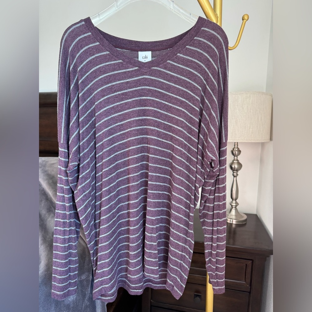 CAbi Purple and Grey Striped V-Neck Soft Knit Top - Size Medium